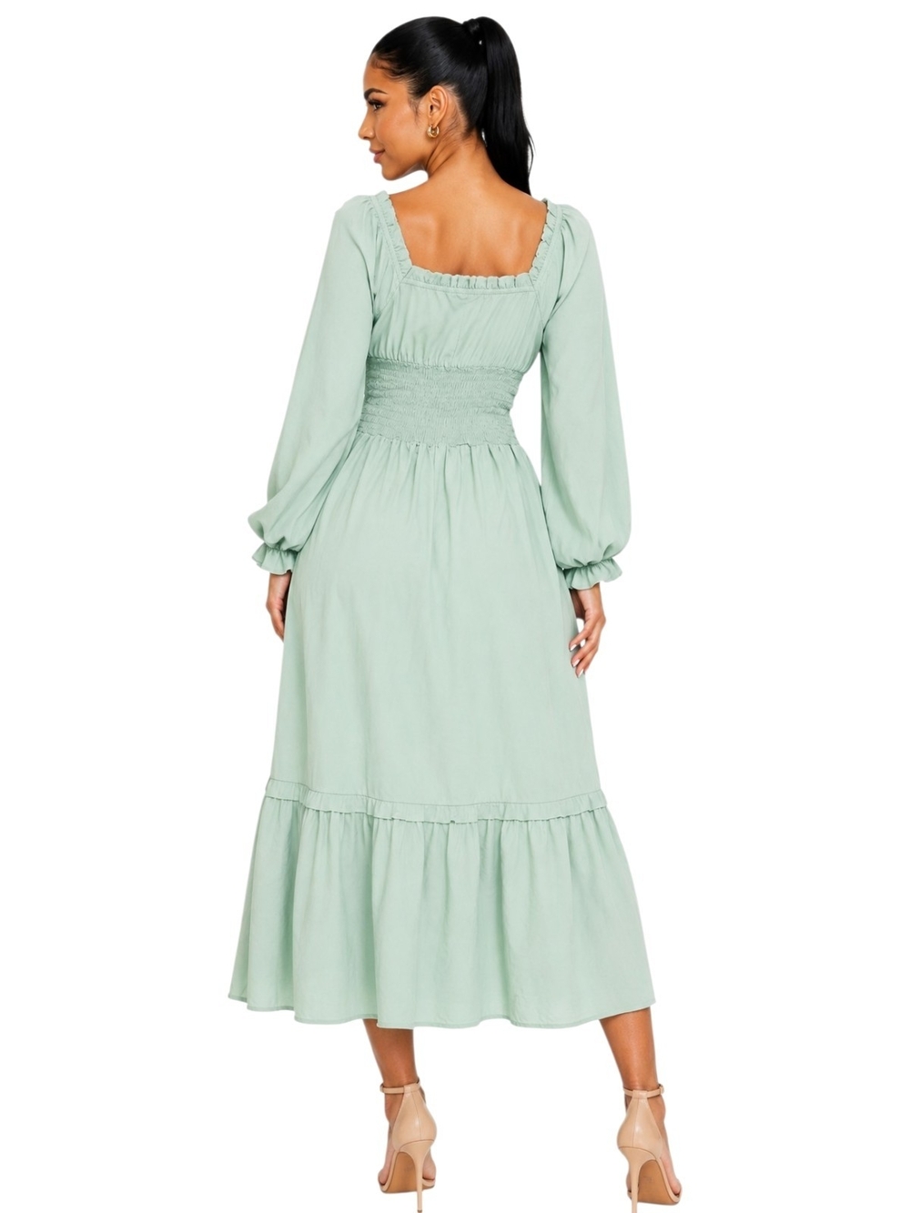 Missky Mint Green Smocked Midi Dress | Square Neck | Long Sleeve | Size S. NWT. - Picture 3 of 9